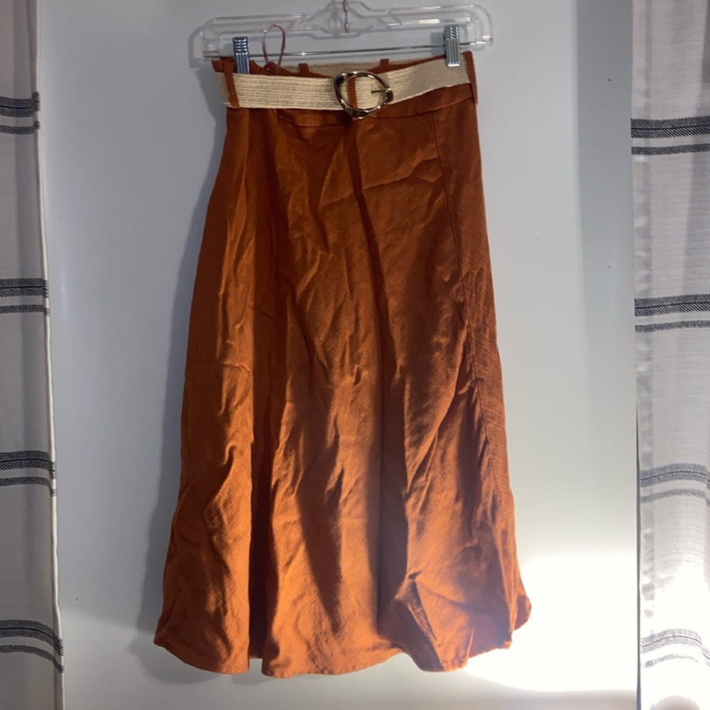 MOTF burnt orange midi skirt with accent belt